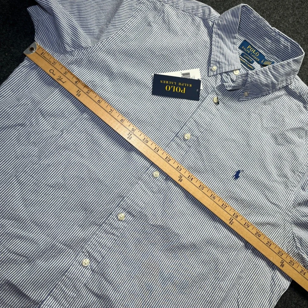 Polo Ralph Lauren Button Down Mens L Blue New Seersucker Stripe Classic Fit